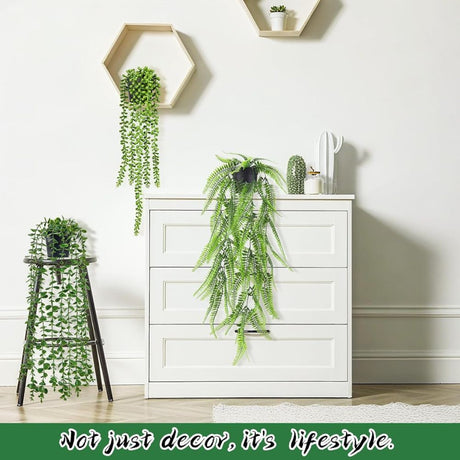Artificial Hanging Mandevilla Plant with Pot, Fake Trailing Green Vine Potted Plant, Low Maintenance Faux Greenery for Indoor Wall Balcony Home Decor