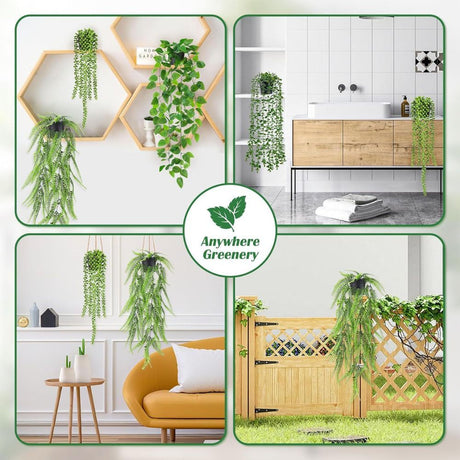 1 Pack Artificial Pea Leaf Hanging Plant with Black Pot, Fake Trailing Pea Pod Vine, Low Maintenance Faux Greenery for Indoor Wall Balcony Home Decor
