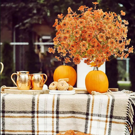 10PCS Artificial Autumn Orange Floral Stems with Eucalyptus & Violet Daisy, Full Faux Fall Bouquet Picks for Australian Farmhouse Harvest Decor