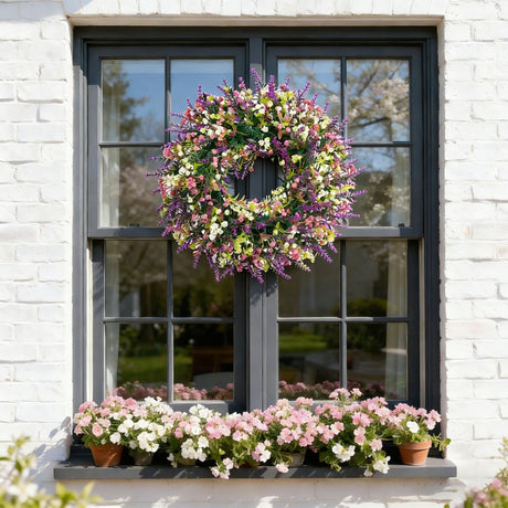 Artificial Spring Wreath with Pink Berry & Purple Lavender, Multicolour Wildflower Front Door Wreath, Rustic Farmhouse Wreath for Covered Porch Verandah Window Wedding Home Outdoor Decor