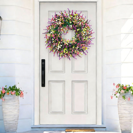 Artificial Spring Wreath with Pink Berry & Purple Lavender, Multicolour Wildflower Front Door Wreath, Rustic Farmhouse Wreath for Covered Porch Verandah Window Wedding Home Outdoor Decor