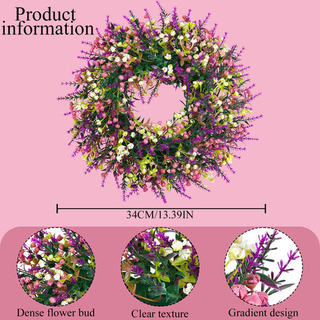 Artificial Spring Wreath with Pink Berry & Purple Lavender, Multicolour Wildflower Front Door Wreath, Rustic Farmhouse Wreath for Covered Porch Verandah Window Wedding Home Outdoor Decor