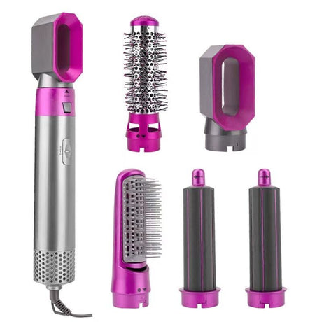 5 in 1 Hot Air Brush Hair Styler Set, Multi Interchangeable Attachments Hair Dryer Brush, Straightener Curler Volumizer Comb, Ionic Blow Dryer Styling Tool for All Hair Types（Bright Fuchsia）