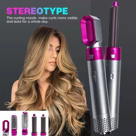 5 in 1 Hot Air Brush Hair Styler Set, Multi Interchangeable Attachments Hair Dryer Brush, Straightener Curler Volumizer Comb, Ionic Blow Dryer Styling Tool for All Hair Types（Bright Fuchsia）