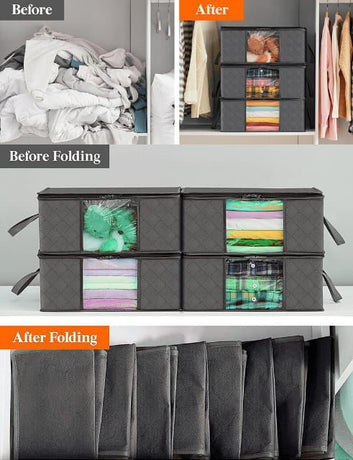 6 Pack 35L Clothes Storage Bags, Foldable Under Bed Storage Boxes with Clear Window, Reinforced Handles Quilt Blanket Organiser Containers for Wardrobe Closet Bedroom Storage