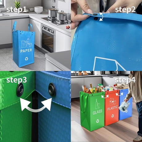 Collapsible Recycling Bags 40L, Waterproof Reusable Laminated Waste Sorting Bins with Carry Handles, Cyan Plastic & Dark Green Paper 2‑Pack for Home Indoor Kitchen Recycling