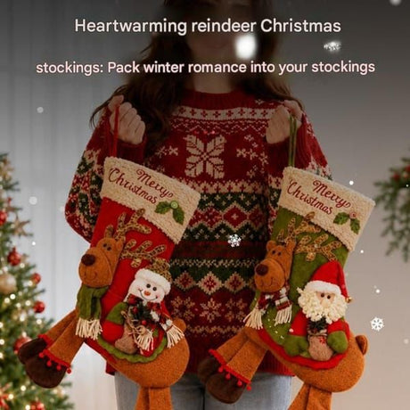 Snowman Riding Reindeer Christmas Stocking, Large Plush Hanging Gift Bag, Xmas Fireplace Mantel & Party Decoration