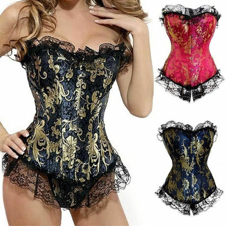House Of Dasein Blue Red Corset Gold Lace Trim Sexy Lingerie Kink Bdsm Fetish Clothing - Blue - 5Xl