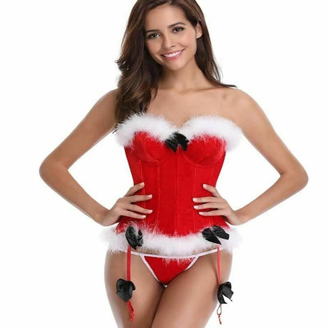 House Of Dasein Luxurious Red Velvet Christmas White Faux Fur Trim Over Bust Corset - Red - S