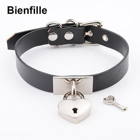 House Of Dasein Leather Collar Locket Love Heart Harajuku Bdsm Sub Slave Punk Choker - Black With Silver