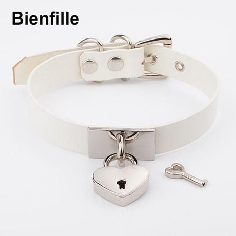 House Of Dasein Leather Collar Locket Love Heart Harajuku Bdsm Sub Slave Punk Choker - White With Silver
