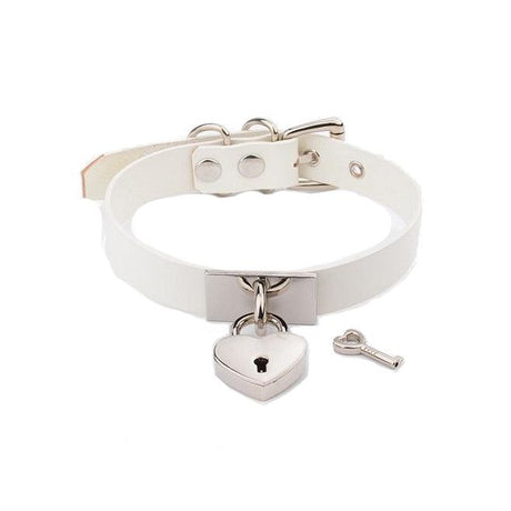 House Of Dasein Leather Collar Locket Love Heart Harajuku Bdsm Sub Slave Punk Choker - White With Silver