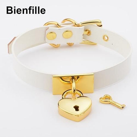House Of Dasein Leather Collar Locket Love Heart Harajuku Bdsm Sub Slave Punk Choker - White With Gold