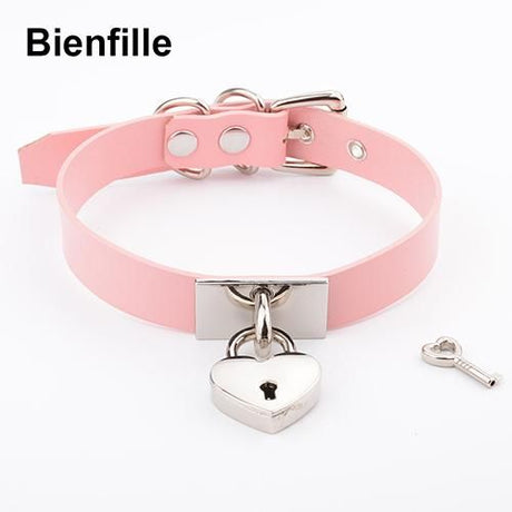 House Of Dasein Leather Collar Locket Love Heart Harajuku Bdsm Sub Slave Punk Choker - Pink With Silver