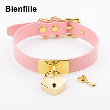 House Of Dasein Leather Collar Locket Love Heart Harajuku Bdsm Sub Slave Punk Choker - Pink With Gold