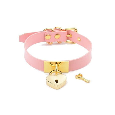 House Of Dasein Leather Collar Locket Love Heart Harajuku Bdsm Sub Slave Punk Choker - Pink With Gold