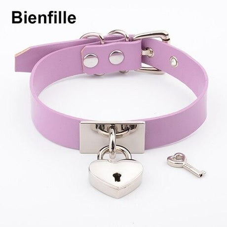 House Of Dasein Leather Collar Locket Love Heart Harajuku Bdsm Sub Slave Punk Choker - Purple With Silver
