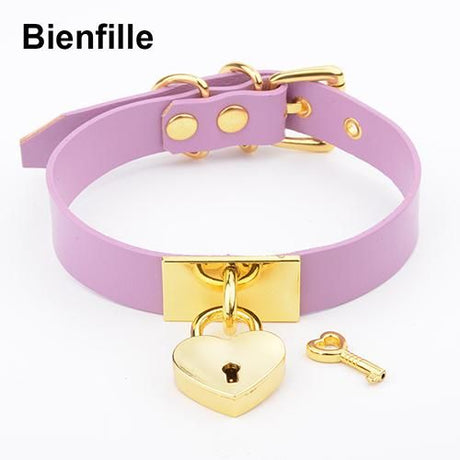 House Of Dasein Leather Collar Locket Love Heart Harajuku Bdsm Sub Slave Punk Choker - Purple With Gold
