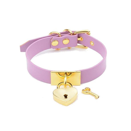 House Of Dasein Leather Collar Locket Love Heart Harajuku Bdsm Sub Slave Punk Choker - Purple With Gold