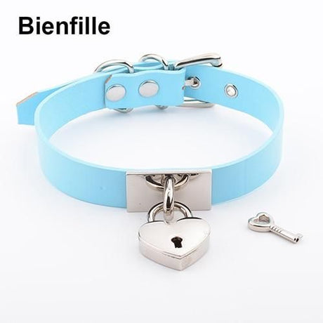 House Of Dasein Leather Collar Locket Love Heart Harajuku Bdsm Sub Slave Punk Choker - Blue With Silver