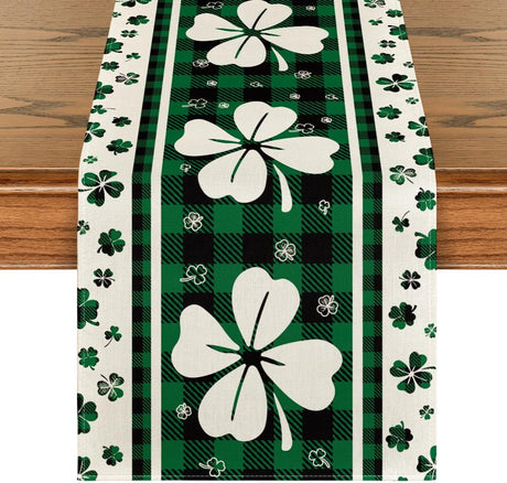 Green Clover Buffalo Plaid Shamrocks St.Patrick's Day Table Runner, Seasonal Kitchen Dining Table Decoration for Indoor Home Party 13x72 Inch