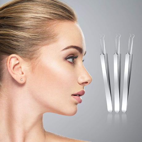 3 Pcs Blackhead Tweezer Stainless Steel Pimple Tweezers Extractor Tool for Remove Zit Whitehead Pimple Bend Curved Tweezer Skin Blackhead Remover Tools(Silver)