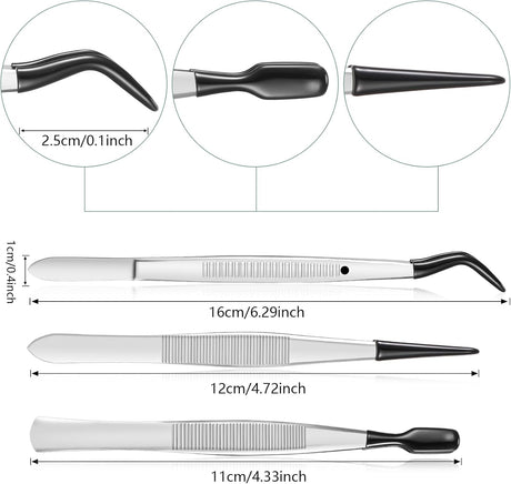3 Pieces Tweezers with Rubber Tips PVC Coated Set Rubber Straight Flat Tip Long Bent Tweezers for Crafts Stamps Beads Jewelry Tools(Black)