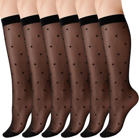 3 Pairs Women's Sheer Knee High Stockings, Black Dot Sheer Thin Socks, Stretchy Breathable Knee High Socks