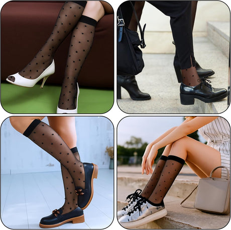 3 Pairs Women's Sheer Knee High Stockings, Black Dot Sheer Thin Socks, Stretchy Breathable Knee High Socks