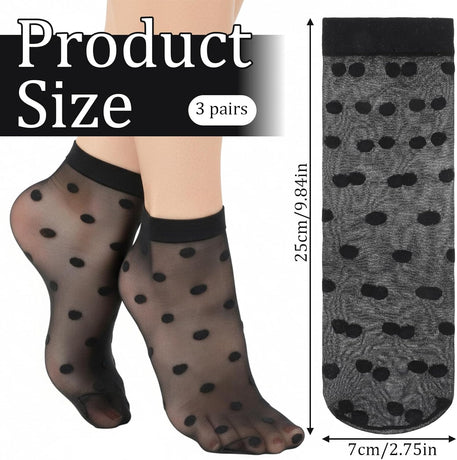 3 Pairs Women Sheer Ankle Socks, Sheer Polka Dot Ankle Dress Socks for Women, Stretchy Breathable Reinforced Toe Nylon Thin Fishnet Mesh Elegant Casual Lace Trouser Sockings (Black)