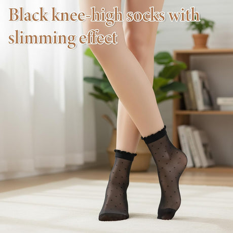 3 Pairs Women Sheer Ankle Socks, Ruffle Polka Dot Lace Mesh Black Sheer Socks, Nylon Stretchy Breathable Thin Fishnet Dress Sock with Reinforced Toe, Elegant Casual Stockings for Summer