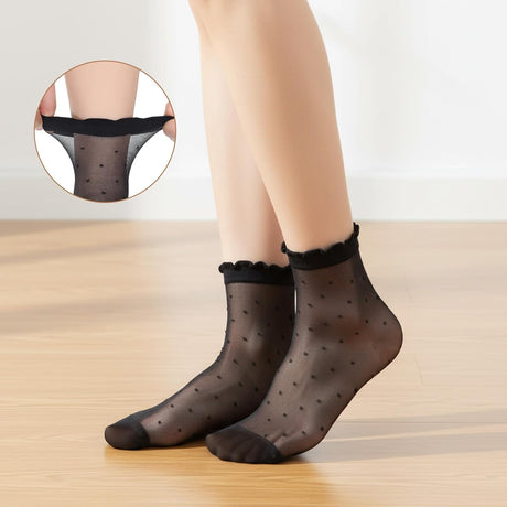 3 Pairs Women Sheer Ankle Socks, Ruffle Polka Dot Lace Mesh Black Sheer Socks, Nylon Stretchy Breathable Thin Fishnet Dress Sock with Reinforced Toe, Elegant Casual Stockings for Summer