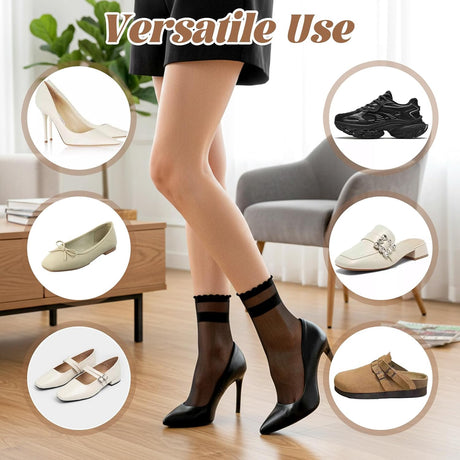 8 Pairs Womens Sheer Ruffle Socks, Ultra Thin Nude Ankle Socks, See Through Silk Nylon Stockings, Anti-Slip Invisible Elastic Short Sheer Sock for Women, Cool Breathable Summer Sock (4 Colors)