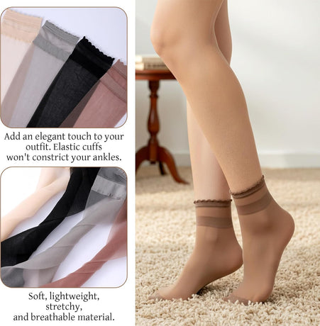 8 Pairs Womens Sheer Ruffle Socks, Ultra Thin Nude Ankle Socks, See Through Silk Nylon Stockings, Anti-Slip Invisible Elastic Short Sheer Sock for Women, Cool Breathable Summer Sock (4 Colors)