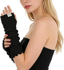 Black Arm Warmers Women Winter Long Black Cotton Fingerless Gloves Knit Mitten Elbow Length Gloves with Thumb Hole, Warm and Comfortable (Cotton)