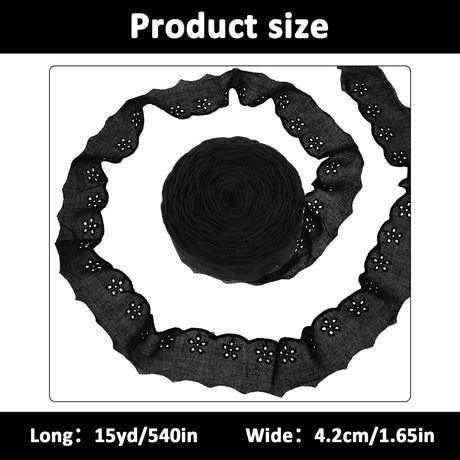 15 Yards Black Lace Trim, 1-5/8 inch Black Floral Embroidery Ruffle Cotton Lace Trim Wavy Edge Eyelet-Lace Ribbon for Crafts Sewing DIY Bag Dresses Clothes Pets Clothes
