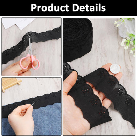 15 Yards Black Lace Trim, 1-5/8 inch Black Floral Embroidery Ruffle Cotton Lace Trim Wavy Edge Eyelet-Lace Ribbon for Crafts Sewing DIY Bag Dresses Clothes Pets Clothes