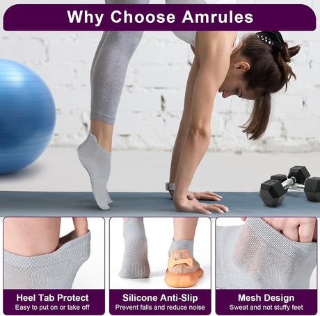 6 Pairs Breathable Women's Yoga Socks with Grippers Anti-Slip Sports Pilates Socks Suitable for Barre, Dance, Hospital, Home Use