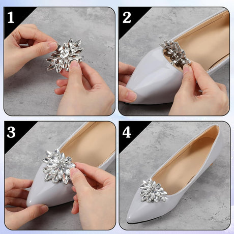 2 Pairs Rhinestone Shoe Clips for Women Dress Shoes, Bow Flower Brilliant Crystal Shoe Decor, DIY Shoes Detachable Buckle Wedding Party Accessories Mother Gifts(Sliver)