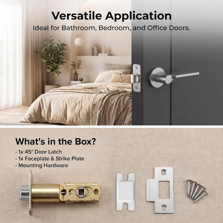 Adjustable Deadlatch 2-3/8''(60mm) or 2-3/4''(70mm), Adjustable Door Latch Entry Door Lock 45° Turning Angle Replacement Part Latch and Strike with Dust Box, Universal Smart Doors Lock Deadlatch