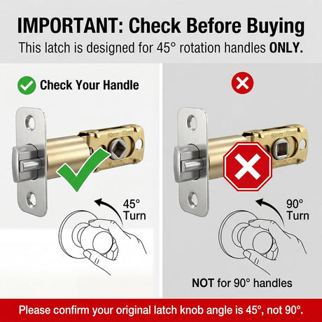 Adjustable Deadlatch 2-3/8''(60mm) or 2-3/4''(70mm), Adjustable Door Latch Entry Door Lock 45° Turning Angle Replacement Part Latch and Strike with Dust Box, Universal Smart Doors Lock Deadlatch
