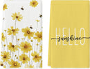 Yellow Flowers Bee Hello Sunshine Spring Kitchen Towels Dish Towels, 18x26 Inch Summer Holiday Decoration Hand Towels Set of 2