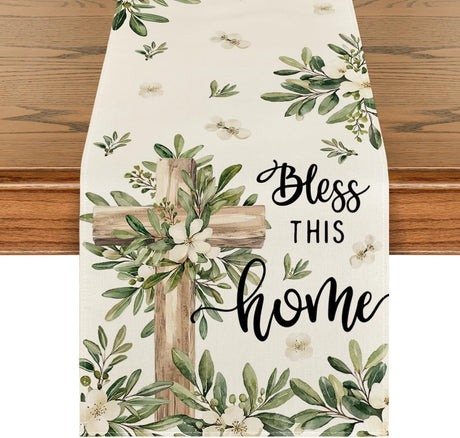 Cross Olive Leaves Spring Table Runner,Seasonal Summer Easter Kitchen Dining Table Decoration for Home Party Decor 13x72 Inch
