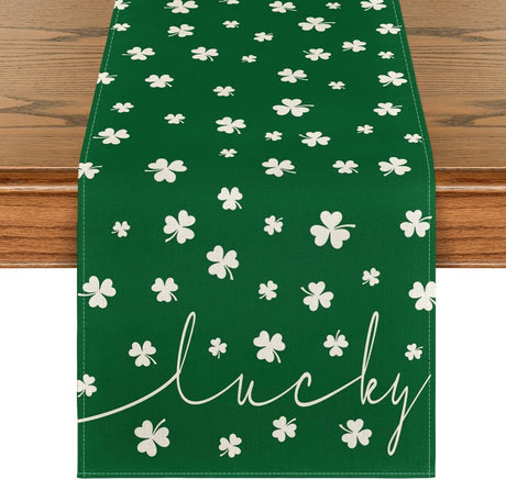 Green Lucky Shamrock St. Patrick's Day Table Runner, Seasonal Spring Holiday Kitchen Dining Table Decoration for Indoor Outdoor Home Party Decor 13 x 72 Inch