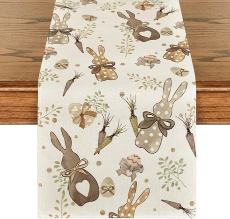 Bunny Rabbit Eucalyptus Eggs Carrots Easter Table Runner, Seasonal Spring Kitchen Dining Table Decoration for Home Party Decor 13x72 Inch