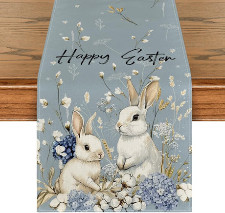Bunny Rabbit Hydrangea Happy Easter Table Runner, Seasonal Spring Kitchen Dining Table Decoration for Home Party Decor 13x72 Inch