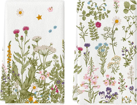 Wildflower Floral Kitchen Towels Dish Towels, 18x26 Inch Leaves Holiday Decoration Hand Towels Set of 2