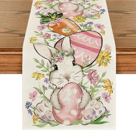 Bunny Rabbit Egg Flower Easter Table Runner, Seasonal Spring Kitchen Dining Table Decoration for Home Party Decor 13x72 Inch