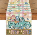 Pink Yellow Buffalo Plaid Carrot Egg Truck Daisy Happy Easter Table Runner, Seasonal Kitchen Dining Table Decoration for Indoor Home Party 13x72 Inch