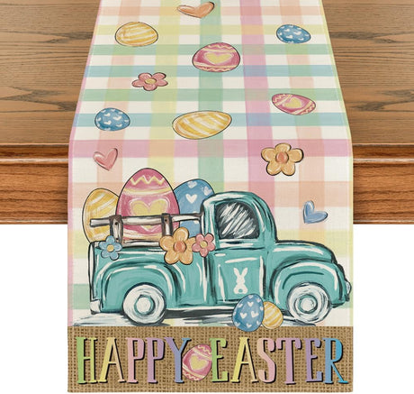 Pink Yellow Buffalo Plaid Carrot Egg Truck Daisy Happy Easter Table Runner, Seasonal Kitchen Dining Table Decoration for Indoor Home Party 13x72 Inch